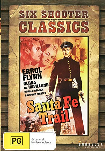 DVD cover for "Santa Fe Trail" featuring Errol Flynn, Olivia de Havilland, and Ronald Reagan.