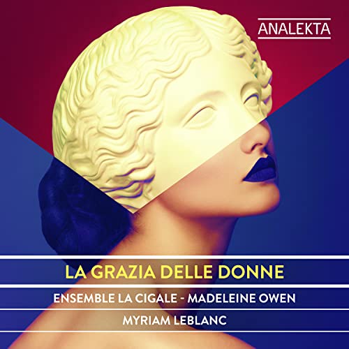 CD cover: woman’s face merging with a classical bust, split color background.