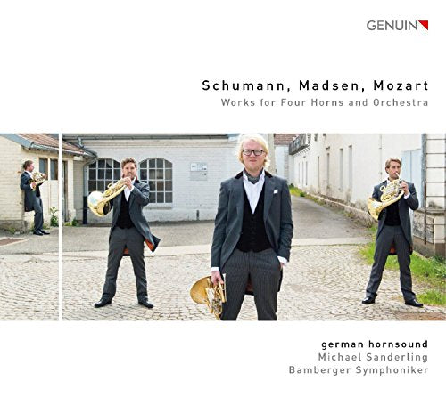 CD cover featuring four horn players in formal wear, with composers’ names.