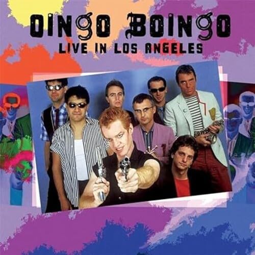 Oingo Boingo band portrait with colorful, abstract background and toy guns.