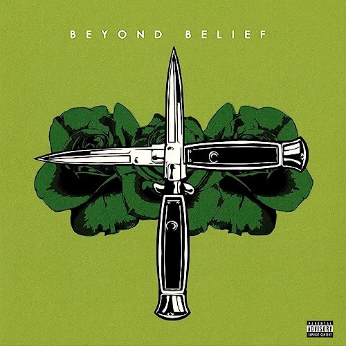 Album cover: a switchblade knife piercing a bouquet of green roses.