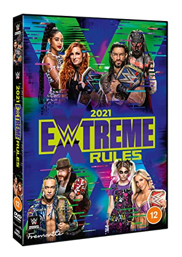 DVD cover for WWE Extreme Rules 2021 featuring multiple professional wrestlers on blue background.
