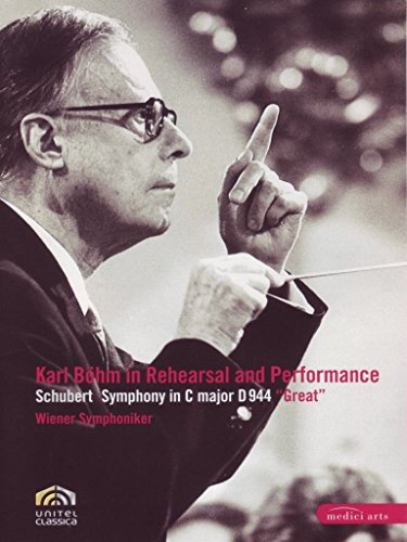 Karl Böhm conducting orchestra, DVD cover for Schubert’s Symphony in C major.