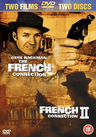 DVD cover for "French Connection" 1 & 2, featuring Gene Hackman with a gun.