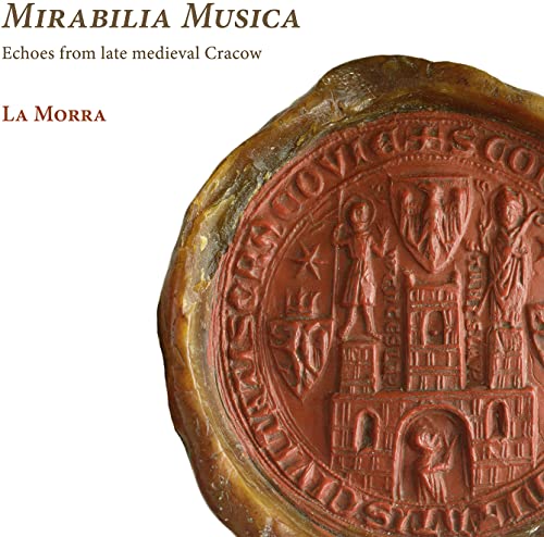 Close-up of a red wax seal depicting a medieval cityscape and figures.