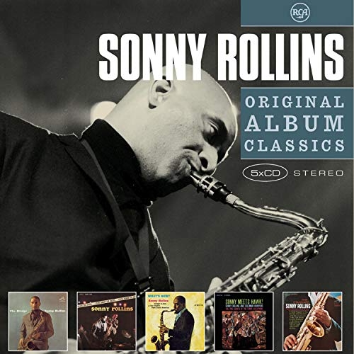 Sonny Rollins album cover featuring a portrait and saxophone, with smaller album images below.
