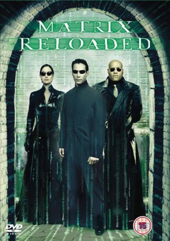 The Matrix Reloaded" DVD cover featuring Neo, Trinity, and Morpheus in black suits.