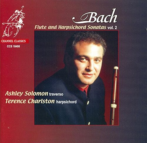 CD cover featuring Ashley Solomon with a flute, labeled "Bach: Flute and Harpsichord Sonatas Vol. 2".