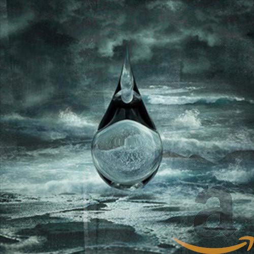 Dark, abstract image of a teardrop shape over stormy ocean waves.