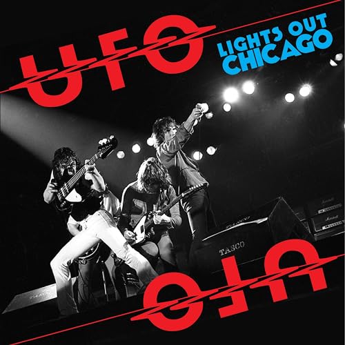 UFO album cover: band performing live in black and white.