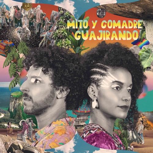A man and a woman in a surreal collage with tropical and sky elements.
