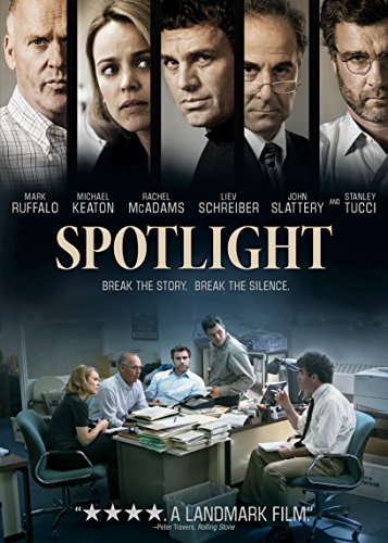Spotlight" DVD cover featuring portraits of the main cast and a newsroom scene.