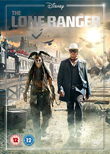 The Lone Ranger and Tonto walking in a desert landscape with a train behind.