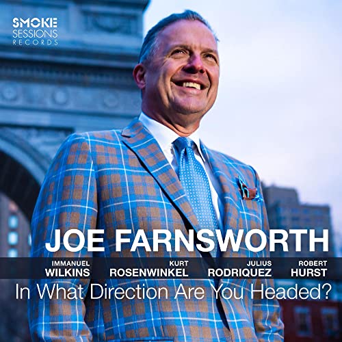 CD cover featuring Joe Farnsworth in a blue plaid suit, smiling.