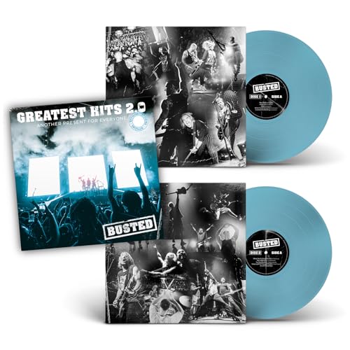 Busted’s “Greatest Hits 2.0” vinyl album and two light blue records.
