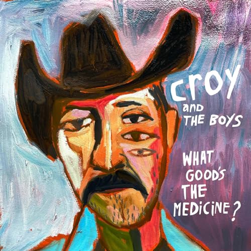 Painted portrait of a man in a cowboy hat, album cover art.