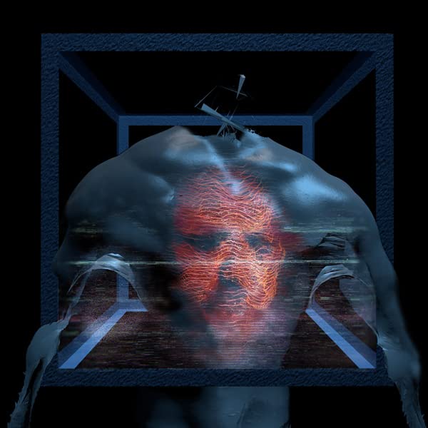 Abstract digital art of a distorted face within a blue geometric frame.