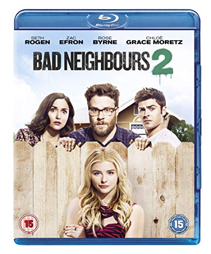 Bad Neighbours 2" Blu-ray cover featuring Seth Rogen, Zac Efron, and Chloe Grace Moretz.
