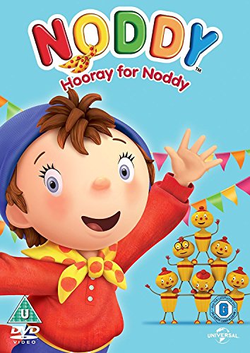 Noddy waving with tiny yellow figures, DVD cover art.