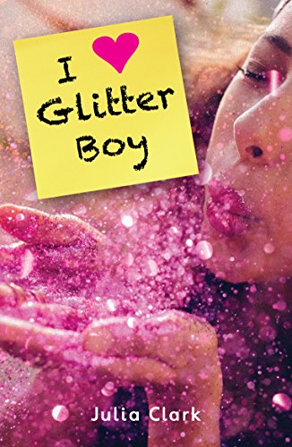 Book cover with pink glitter, a yellow note, and a person’s profile.
