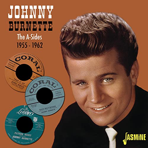 Johnny Burnette portrait with vintage record labels, CD cover art.