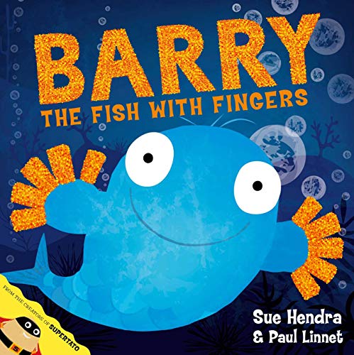 A blue fish with orange fish-finger hands smiling against a dark underwater background.