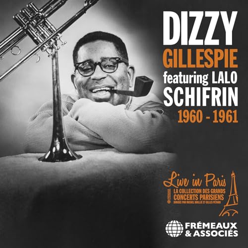 Dizzy Gillespie album cover, black and white portrait with trumpet.