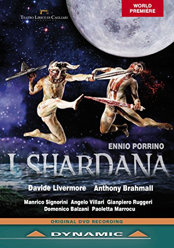 DVD cover for "I Shardana" opera, featuring two leaping, weapon-wielding figures.
