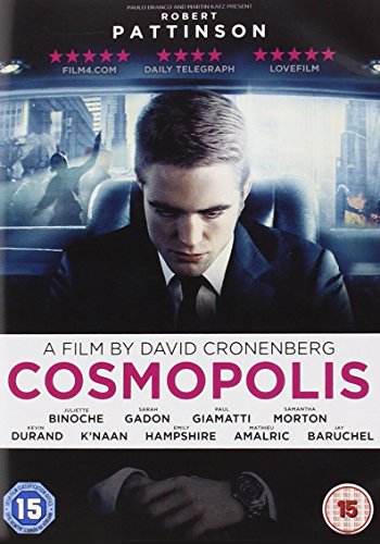 DVD cover for "Cosmopolis" featuring Robert Pattinson in a car.
