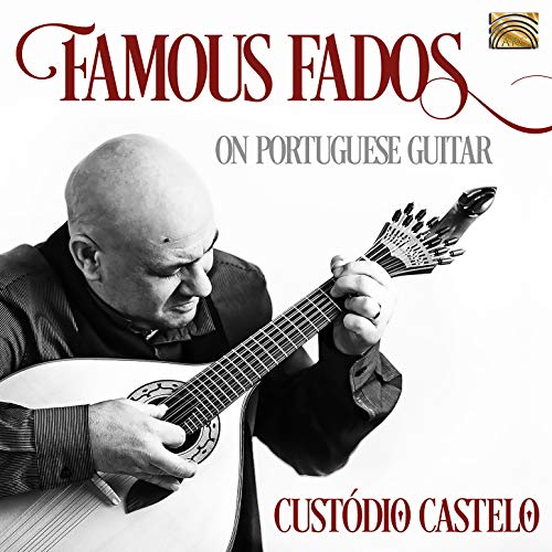 Man playing a Portuguese guitar, album cover for "Famous Fados.
