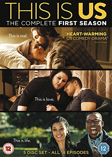 DVD cover with three couples and This Is Us title in yellow and white text.