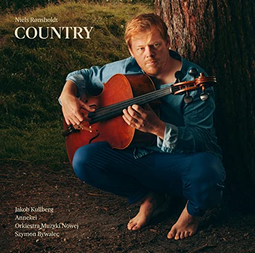 Man playing a cello outdoors, album cover for Niels Rønsholdt’s “Country.”