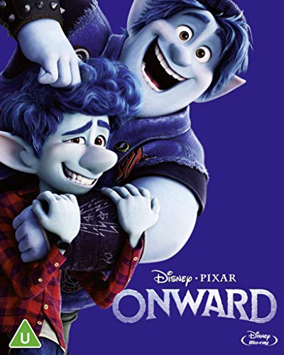 Two blue-skinned elf brothers embrace on the cover of the Onward Blu-ray.