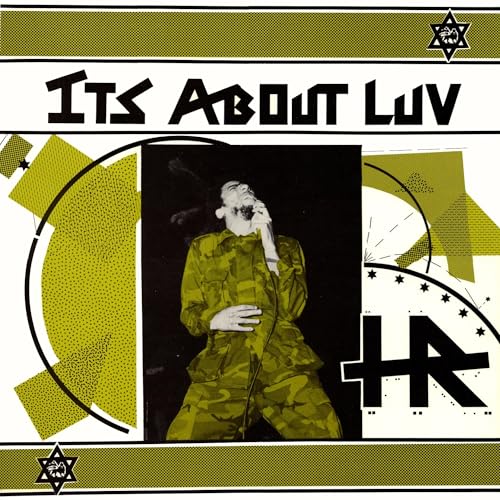 H.R. album cover: man in camouflage singing, geometric green and black design.