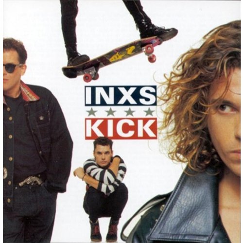 INXS “Kick” album cover featuring band members and a skateboard.