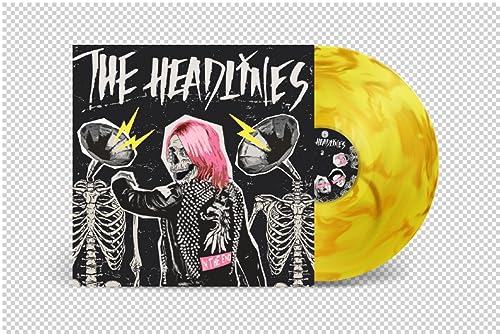 Vinyl record with yellow swirls, pink-haired skeleton on black album cover with skeletons.