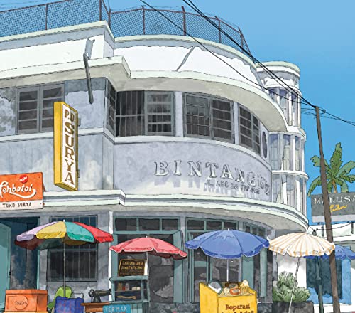 Watercolor painting of a curved building with signage and beach umbrellas.