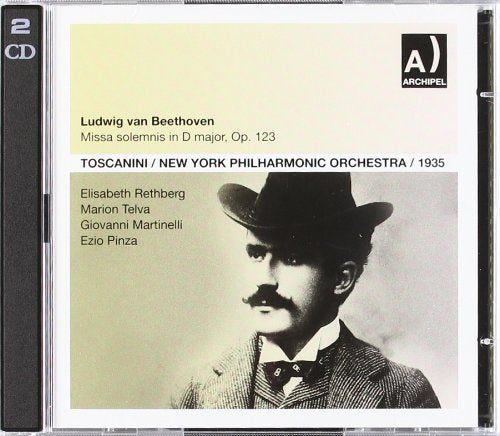 CD case featuring Arturo Toscanini portrait, Beethoven's *Missa Solemnis*, and orchestra details.