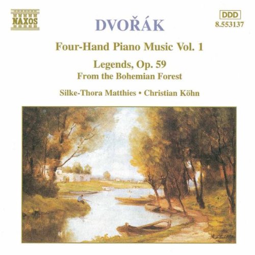 CD cover for Dvořák’s “Four-Hand Piano Music, Vol. 1” with forest landscape.