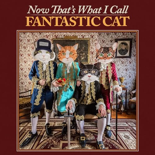 Four cats with human heads in ornate 18th-century clothing.
