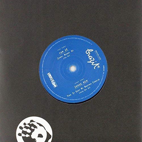 Blue vinyl record label with text by Tom Zé and Jorge Ben.