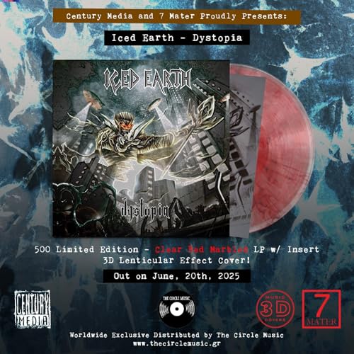 Iced Earth "Dystopia" vinyl record with red translucent disc and 3D cover.
