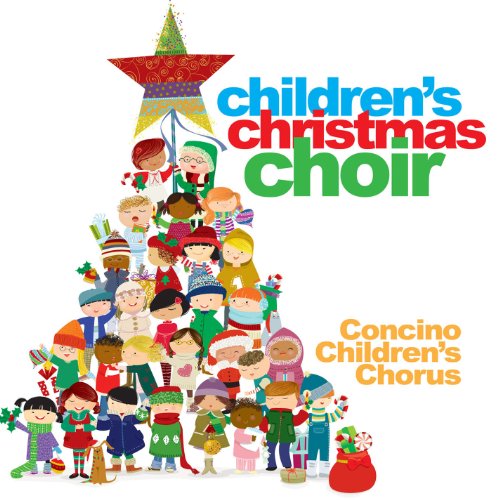 Colorful illustration of children forming a Christmas tree shape.