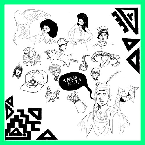 Black and white line art collage album cover for “Trash Kit.”