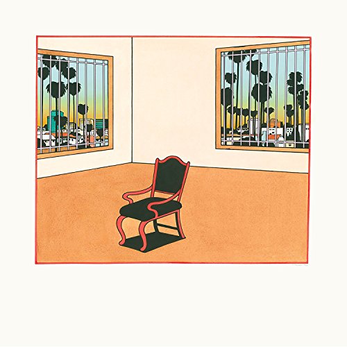 Illustration of a chair in a room with barred windows overlooking a city.