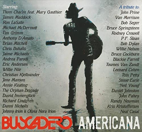 CD cover for "Buscadero," a tribute to Americana artists, with a cowboy silhouette.