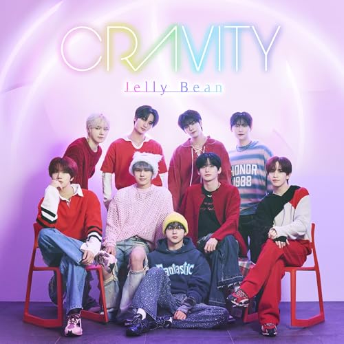 Cravity album cover, nine young men in colorful casual clothing.