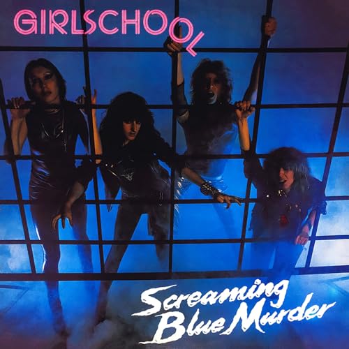 Girlschool album cover: four women behind blue metal bars.
