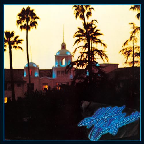 Hotel California album cover with a building silhouetted against a sunset.