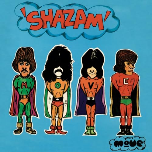 Cartoon of four figures with large hair, wearing capes and lettered shirts.
